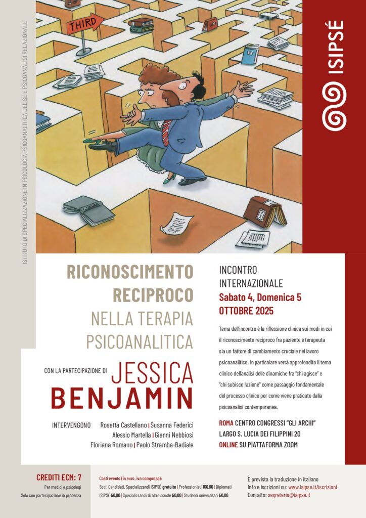 Poster of the ISIPSÉ international meeting "Riconoscimento reciproco nella terapia psicoanalitica" with Jessica Benjamin, Rome, 4–5 October 2025